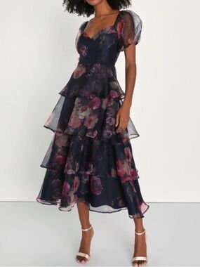 Lulus Oh-So Stunning Floral Organza Tiered Midi Dress-S